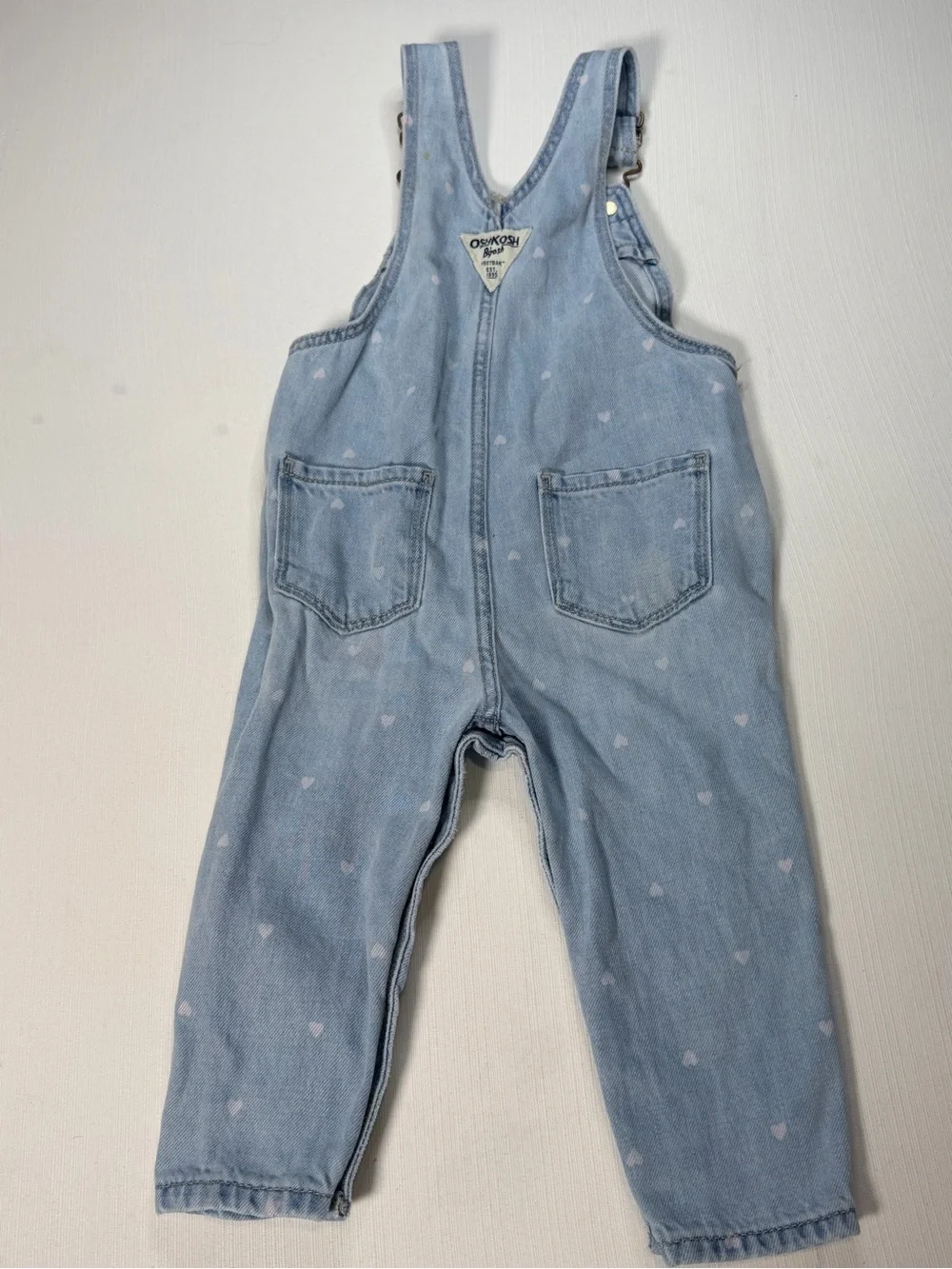 OshKosh B’gosh Baby Girls 12M Denim Overalls Heart Pocket Pink Hearts Bib